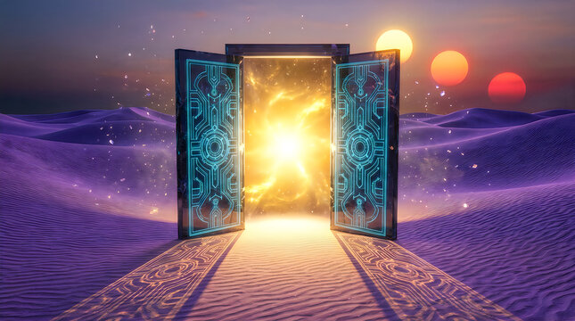 Mystical glowing portal with circuit board pattern opening in an alien purple desert landscape