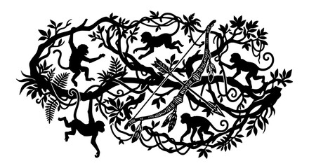 Creative jungle monkey silhouette vector with decorative bow and arrow composition © Jasim