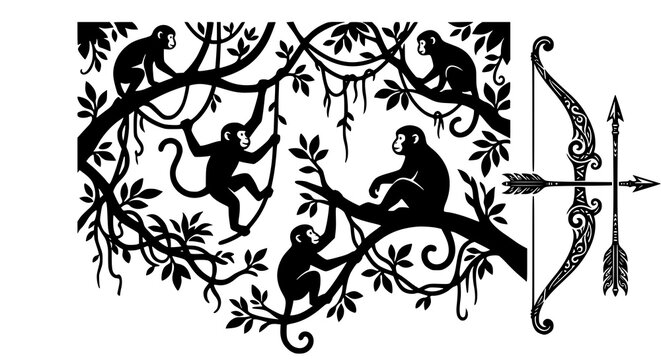 Black monkey tree silhouette vector with decorative tribal bow and arrow illustration