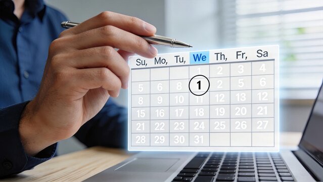 Person holding pen pointing at holographic calendar date one, scheduling appointment or deadline reminder on laptop screen, time management concept.