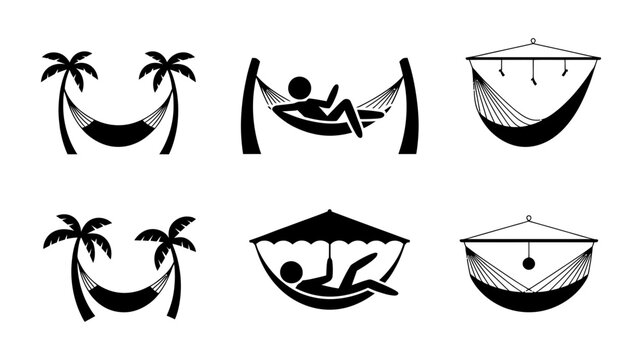 Hammock icons: relaxation under palm trees under umbrella tropical beach with relaxation tropical umbrella
