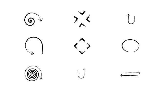 Various functional animated grunge doodle arrows set. Freehand sketchy elements animation in rough brush stroke style. Simple hand drawn overlays motion graphics. Distressed pointers 4K video pack