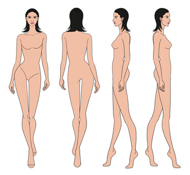 Colored tan skin fashion croquis figurines walking front side back view with short hair woman in white  background.