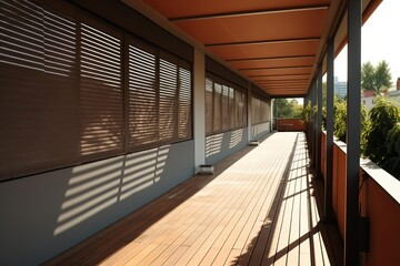 Naklejka premium Long balcony of a contemporary building featuring a wooden deck and horizontal window blinds with shadows