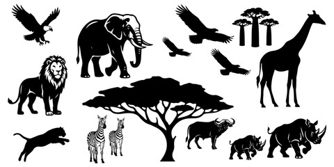 African safari wildlife black silhouette set with lion, elephant, giraffe, zebra, rhino, buffalo, eagle, leopard, acacia and baobab tree isolated on transparent background © Vladislav
