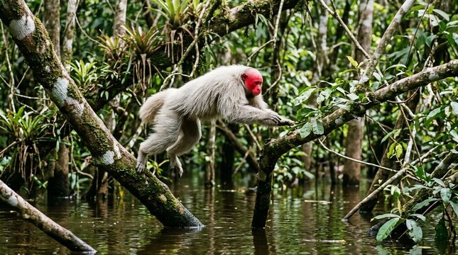 Bald Uakari monkey jumping between tree branches in flooded Amazon rainforest.