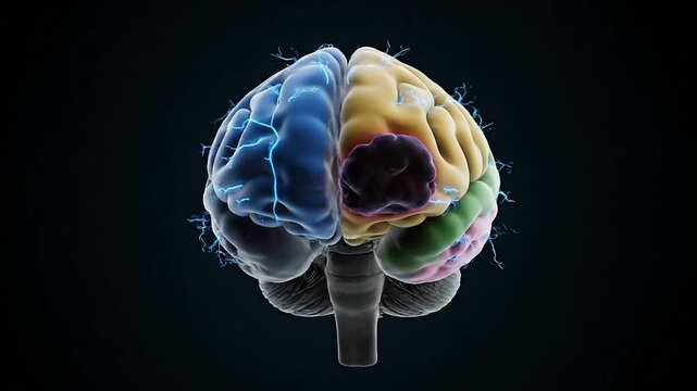 3D Colorful Human Brain Rendering with Electric Neural Connections on Dark Background Ideal for Neuroscience and Medical Concepts