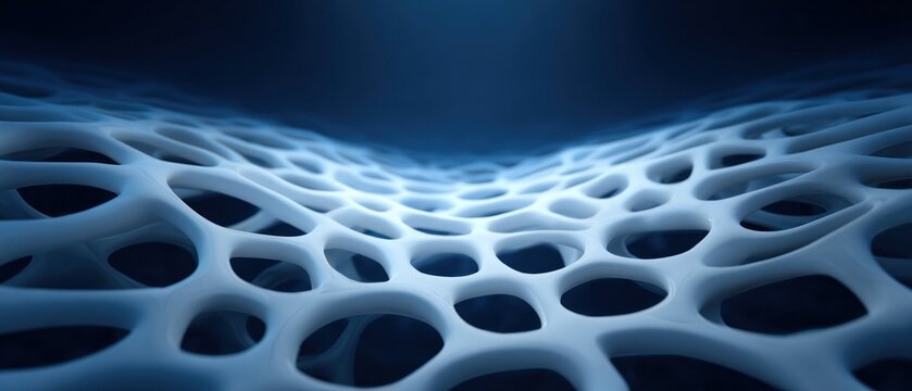 Abstract 3D white organic mesh surface with flowing curves against dark blue background creating futuristic depth texture and fluid digital structure