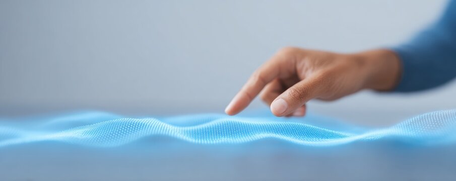 Person touching glowing blue digital wave interface on dark background representing futuristic data interaction virtual technology and human computer connection