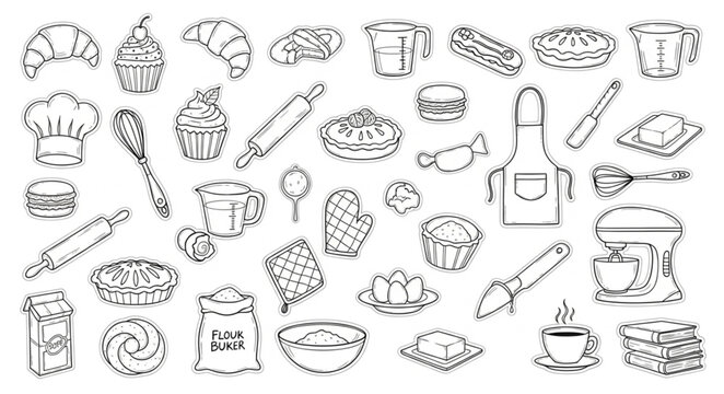 Collection of Hand Drawn Baking and Cooking Utensils and Pastries.