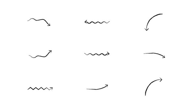 Flowing wavy animated grunge doodle arrows set. Freehand sketchy elements animation in rough brush stroke style. Hand drawn overlays motion graphics for emphasis. Distressed pointers 4K video pack