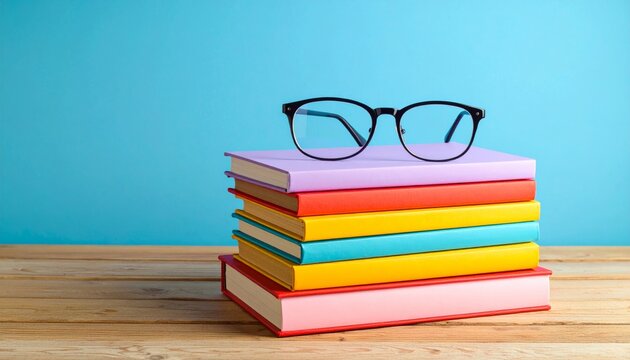 An isolated stack of old literature books and reading glasses creates a pile of wisdom for a student learning in a library or school study session