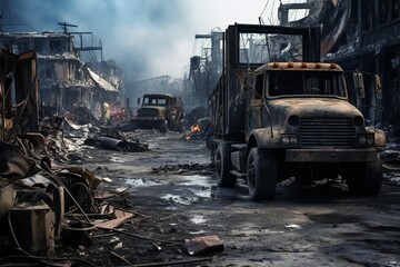 Fototapeta premium Post apocalyptic street holding destroyed buildings and abandoned rusty trucks under a smoky sky