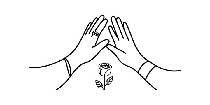 Couple's hands with wedding ring and rose, symbolizing love and commitment Vector, illustration