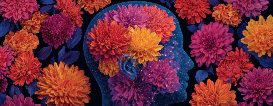 Human head silhouette profile filled with blooming colorful flowers isolated on dark background representing mental health emotional growth creativity and positive self development