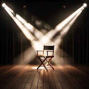 Empty directors chair on a wooden stage under dramatic spotlights with smoke and dark curtains in the background