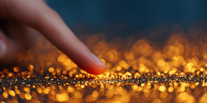 Human finger touching shimmering golden glitter texture with soft bokeh background light representing sensory interaction luxury material and tactile experience