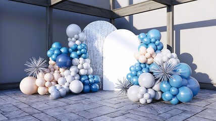 Obraz premium Balloon arch decoration with blue and beige balloons and silver sequin backdrop for party event