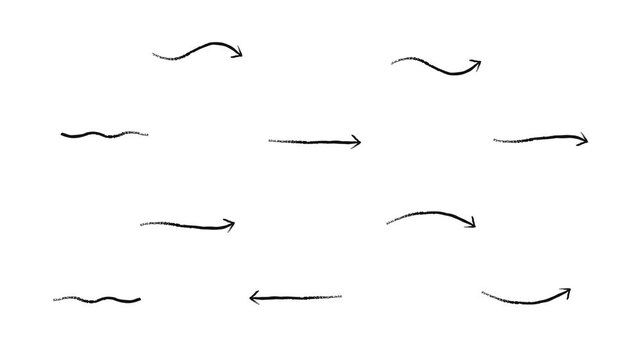 Straight and curved animated grunge doodle arrows set. Freehand sketchy elements animation in rough brush stroke style. Simple hand drawn overlays motion graphics. Distressed pointers 4K video pack