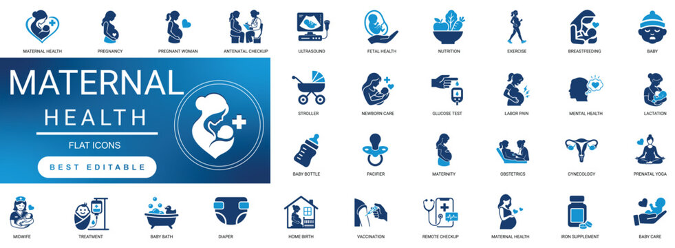 maternal health icon set. pregnancy, motherhood, prenatal, hospital, nursing, infant, baby, wellness, midwife, medicine. editable solid  vector pack.