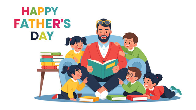 Father's Day Storytime: A caring father shares a heartwarming story with a circle of attentive children, celebrating the joy of Father's Day.