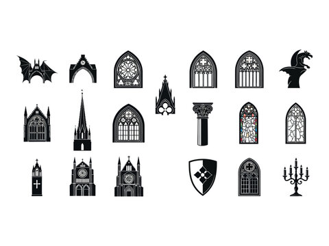 Gothic architecture silhouette collection windows spires and decorative elements in black