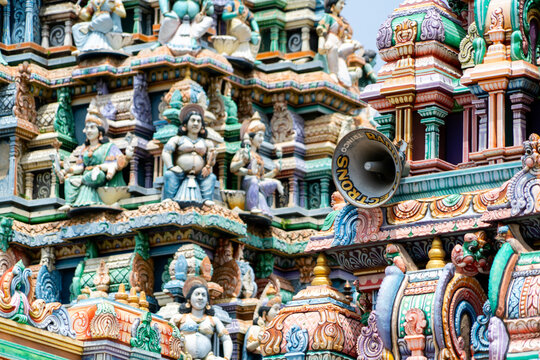 Colourful roof of Hindu temple with loud speaker in Trincomalee, Sri Lanka