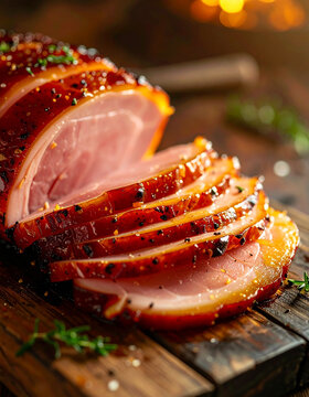 Sliced honey smoked ham on rustic wooden table, juicy and tasty food, appetizing breakfast or dinner dish. Cooking and culinary concept.