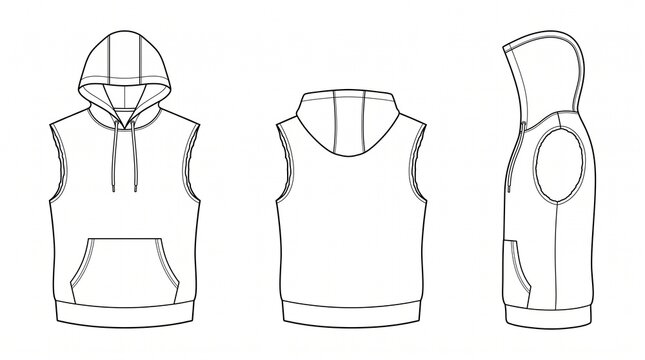 Sleeveless Hoodie Flat Sketch Vector Illustration, Front, Back, and Side Views.