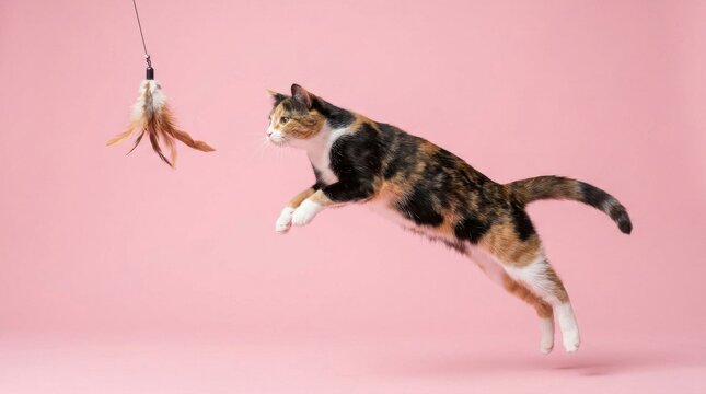 Calico cat leaping mid-air to catch toy against pink background