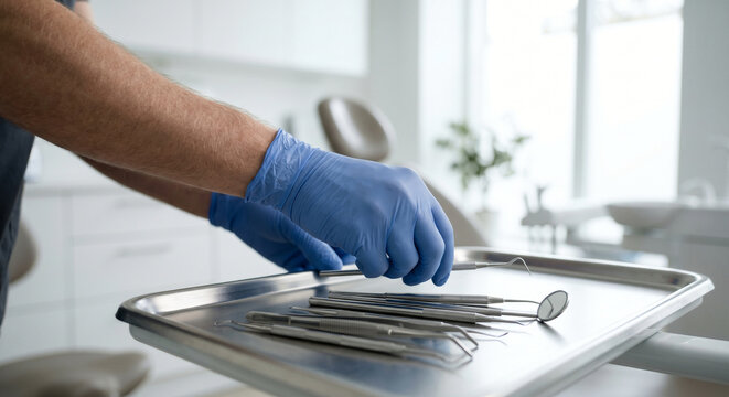 Dentist hands in blue gloves arranging tools on metal tray