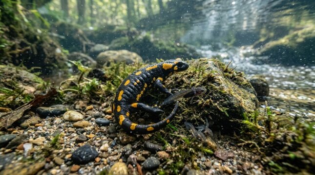 A fire salamander in a rocky streambed with a waterfall in the background.