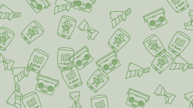 Green wallpaper with boombox and ebook reader icons. Perfect for music lovers, tech enthusiasts, or a retroinspired room design.