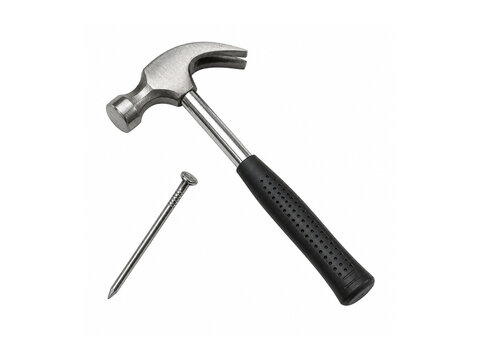 Steel nail and hamer isolated on white background.