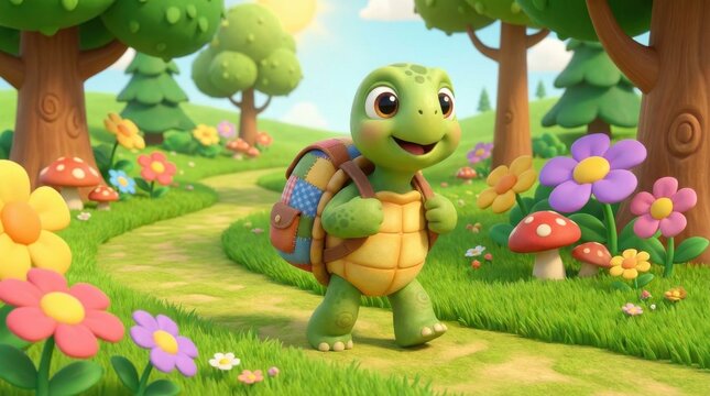 Cartoon turtle walking through colorful forest path with mushrooms and flowers