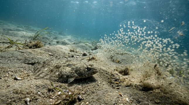A flatfish resting on a sandy seabed with a school of small fish swimming nearby.