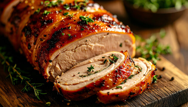 Sliced turkey roulade with fresh herbs, juicy texture, golden roasted surface, rustic wooden table, tasty food, appetizing homemade dish