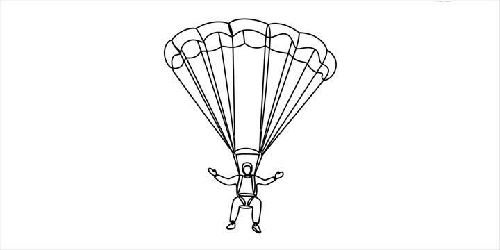 A simple black and white line art illustration of a person skydiving with an open parachute in the air for extreme sports and adventure activity design Vector, illustration