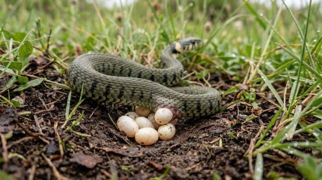 A grass snake with eggs on the ground. The snake concept of reptile, predator, and predator. The eggs concept of egg, hatch, and incubation.