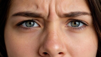 Fototapeta premium Close Up of Angry Woman Frowning Her Brows Showing Stress and Negative Emotions