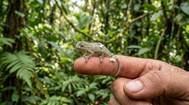 Tiny baby chameleon sitting on a human finger in the rainforest.