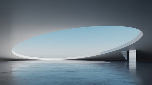 Minimalist futuristic architecture with a large circular skylight and reflective concrete floor