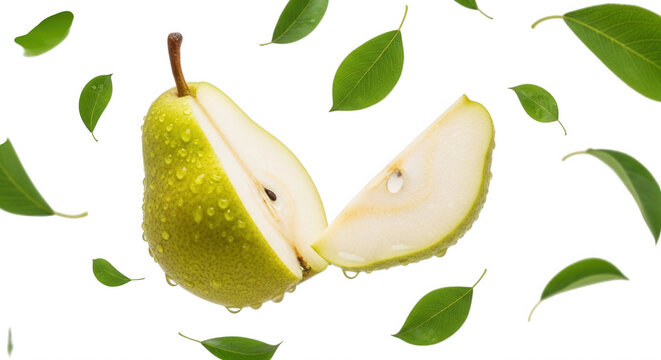A sliced green pear with water droplets surrounded by floating green leaves against a solid black background