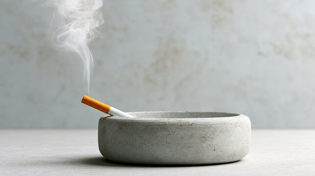A lit cigarette rests in a stone ashtray, emitting a plume of white smoke