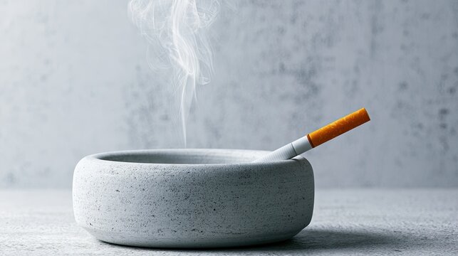 Lit cigarette smoldering in a minimalist stone ashtray, wisps of smoke rising