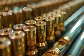 Fototapeta premium Close up view of shiny brass cartridges forming a weapon belt for military use