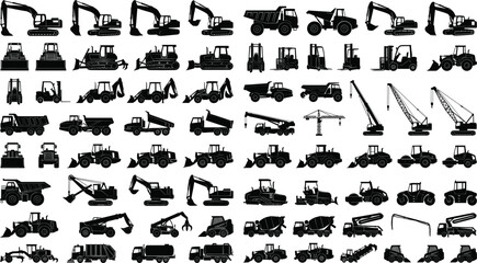 Black silhouettes of construction and heavy machinery vehicles including excavators, bulldozers, cranes, dump trucks, and loaders for industrial design © Niheranjan
