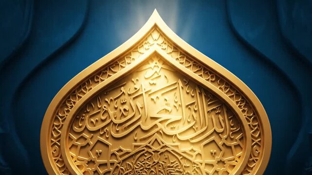 Golden arabic calligraphy emblem rotating smoothly on a dark blue background in this cinematic 4k video loop showcasing intricate religious details and elegant motion graphic design