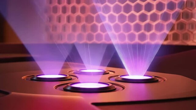 Purple holographic light beams projecting from a futuristic dark surface with a honeycomb pattern background