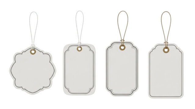 Set of four decorative paper gift tags with strings isolated on transparent background